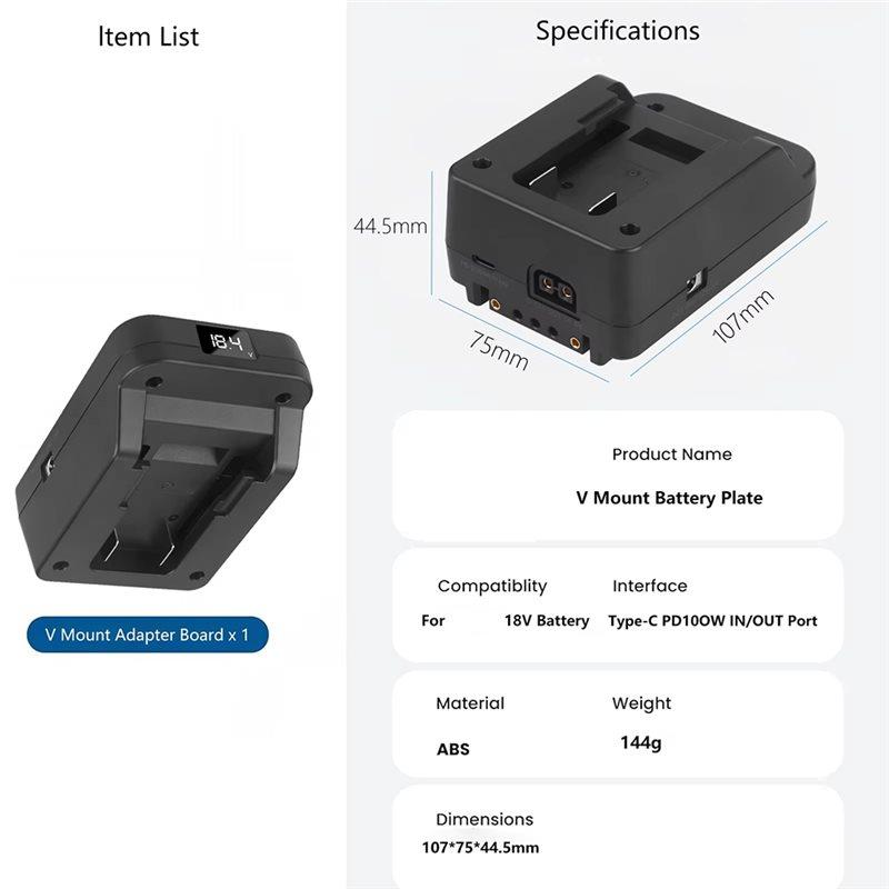 ABBP-For 18V Battery To V Mount Battery Plate Converter Sturdy Multi Purpose PD100W Fast Charging Efficient Lights