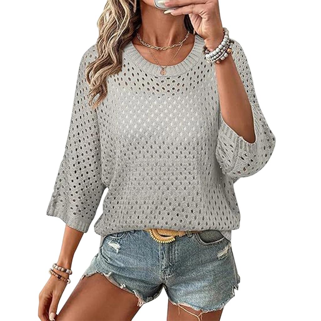 Top in Maglia da Donna Colorato con Scollo Tondo Lavorazione a Intreccio Manica 3/4 per Spiaggia e Uso Casual