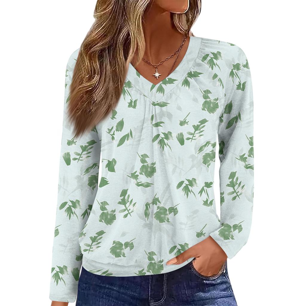 Women's Casual Fashion V-Neck Raglan Pleated Floral Print Long Sleeve Top