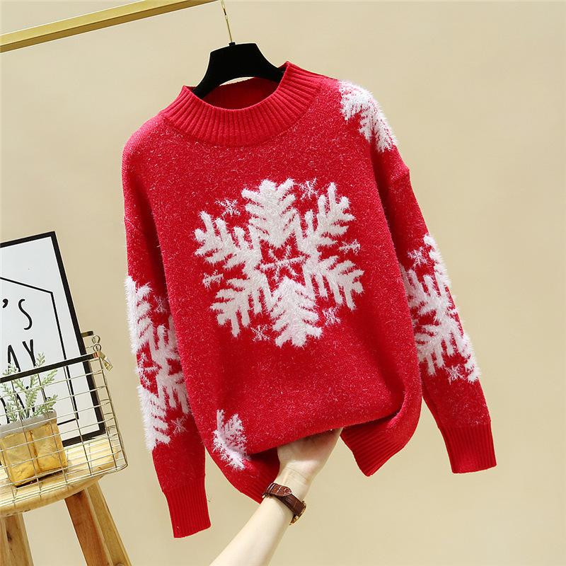 Loose Snowflake Turtleneck Sweaters Women Pullover Knitted Sweaters Plus Size Casual Solid Long Sleeve Sweater Coat