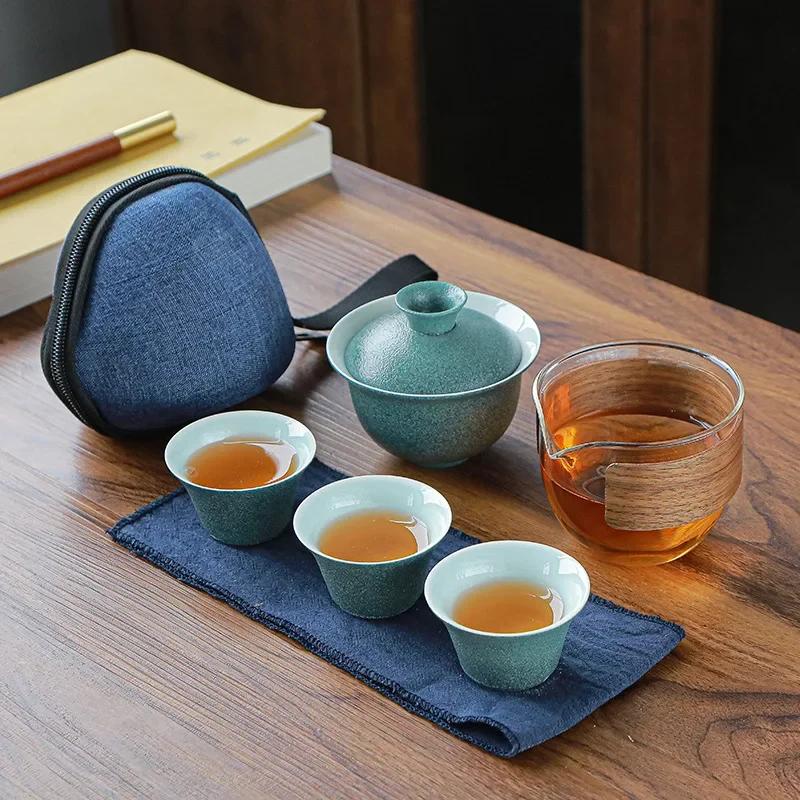 Ceramic Porcelain Kung Fu Tea Set Teaware Outdoor Travel Tea Set Tea Bag Anti-scalding One Pot Four Cups Teapot Tea Ceremony