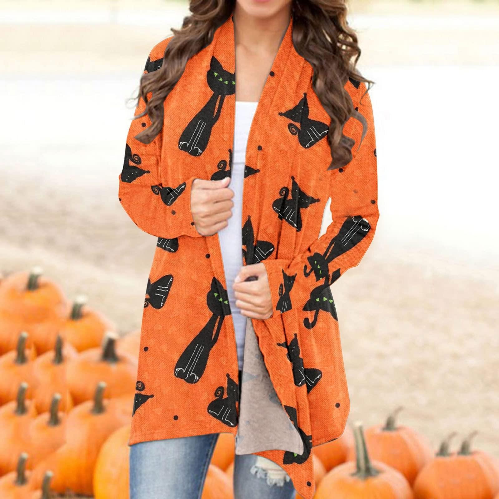 

Женская модная повседневная куртка-кардиган средней длины с принтом Хэллоуина 2022, пальто XL оранжевый