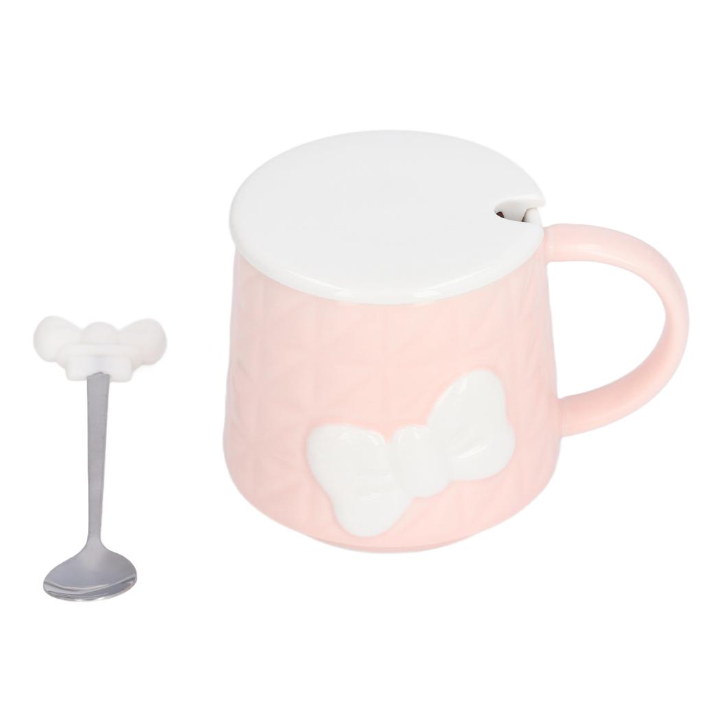 400ml Cute Bowknot Ceramic Tea Milk Water Cup Coffee Mug with Lid Stainless Steel Spoon for Home Holiday Gifts