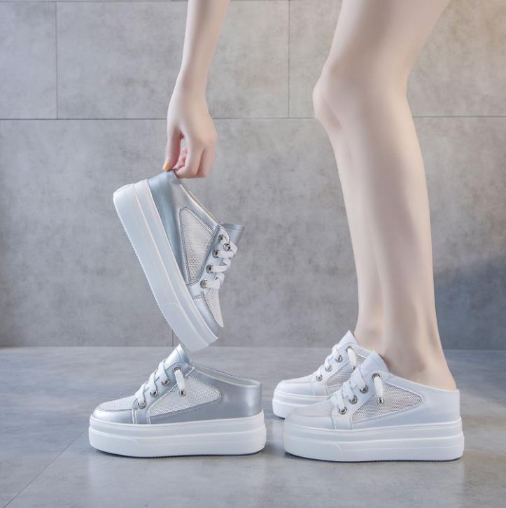 Fashion High Brand 8CM Platform Slippers Wedge Shoes Women Summer Platform High Sequined Slipper Air Mesh Breathable Women Summer Shoes