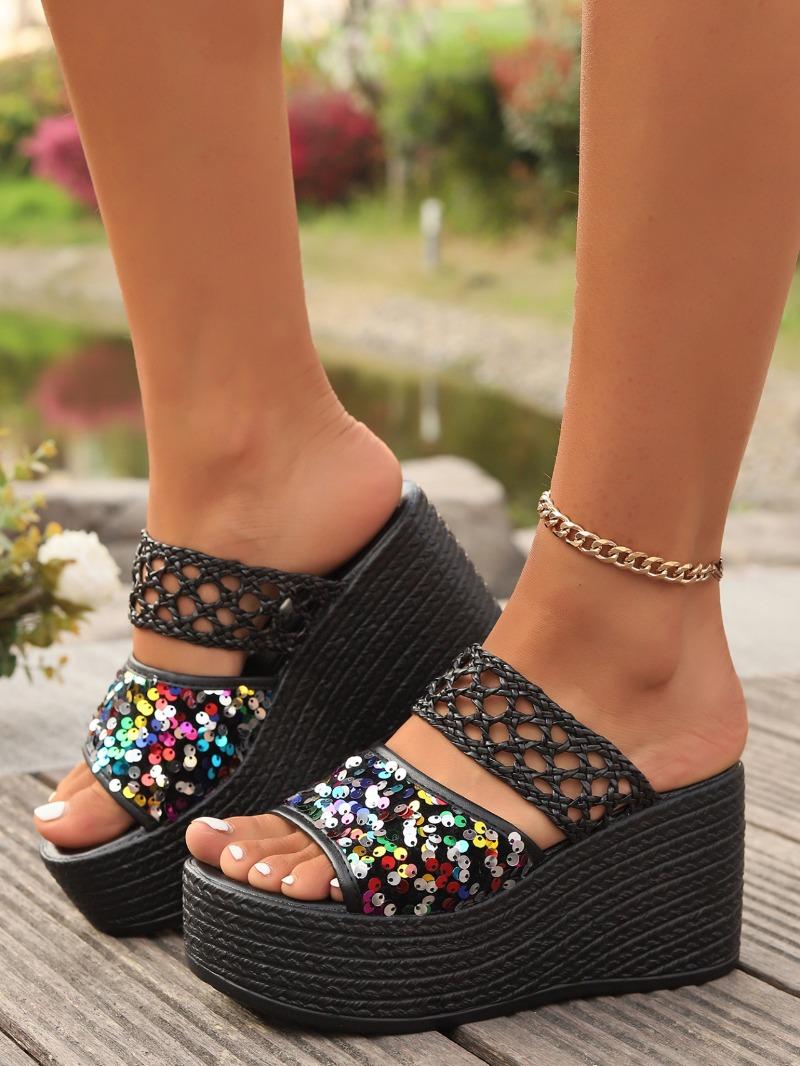 

Модные летние туфли на плоской подошве с большим кексом, на высоком каблуке, с толстой подошвой, с круглым носком, с блестками в виде бриллиантов, универсальные модные тапочки 43 чёрный