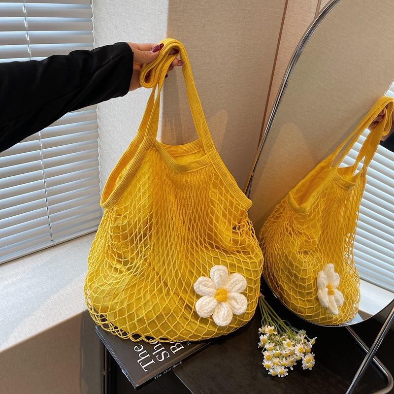 Casual mesh bag retro hollow woven shoulder tote bag large capacity lazy wind beach bag women