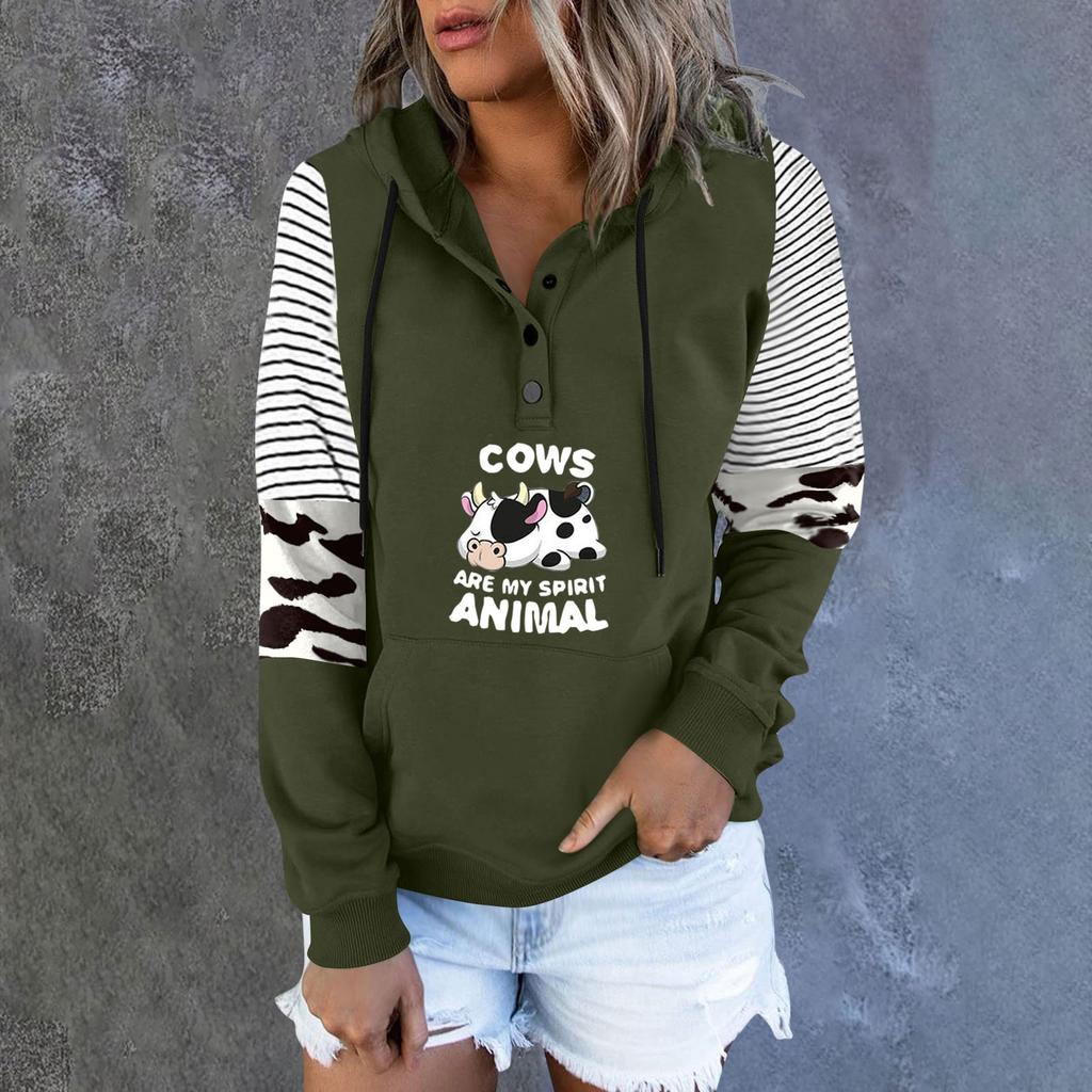 Women's Casual Fashion 2022 Cows Stripes Print Long Sleeve Pullover Hooded Top