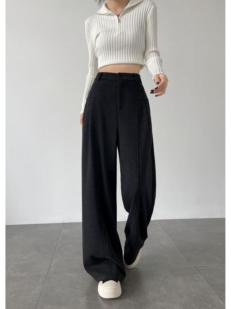 Aixuan Off-White Wool Wide-Leg Casual Pants - Women's High-End Straight-Leg Draped Pants for Autumn 2025