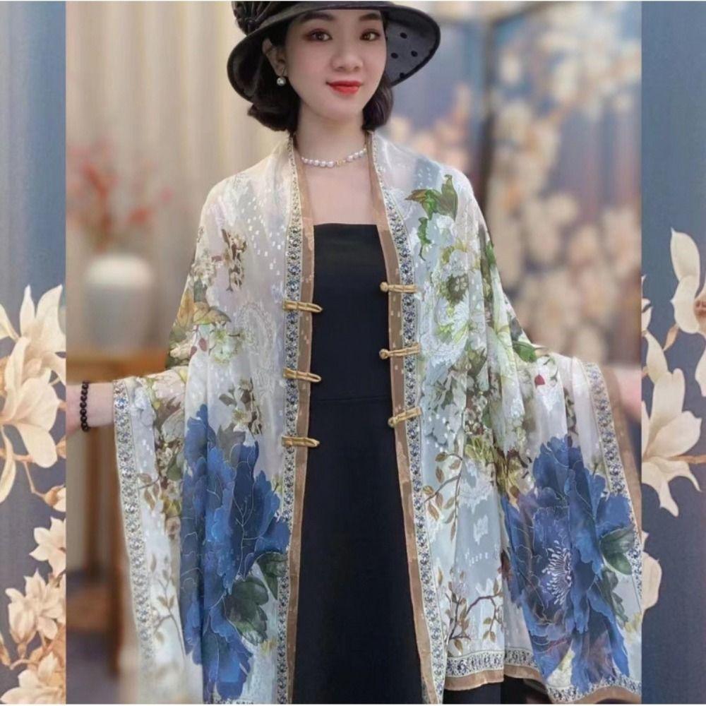 Flower Lady Silk Scarf Sunscreen Travel Photography Scarf Trendy Tudung Scarf Beach