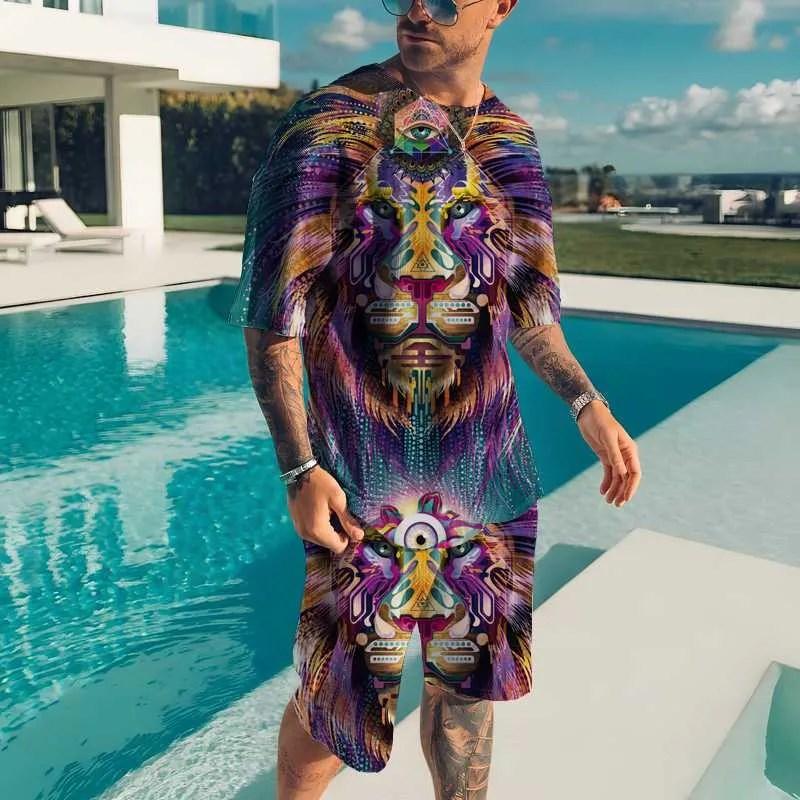 Summer Men's Animal T-shirt Set Printed Animal Pattern Sportswear Set Fashion Sweatshirt T-shirt Two Piece Set