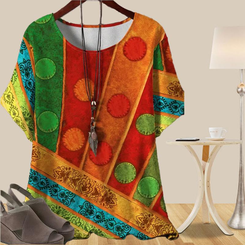 Camicia Casual Larga Primaverile da Donna Top Stampati Girasole Punti Rotondi a Manica Corta da Donna