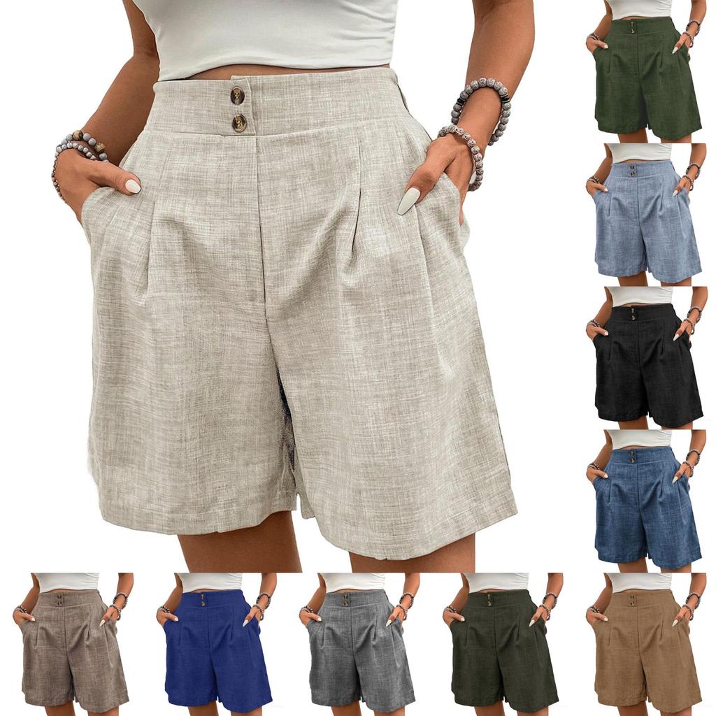 Women's Loose Casual Pants Button -Color High Waist Straight Shorts