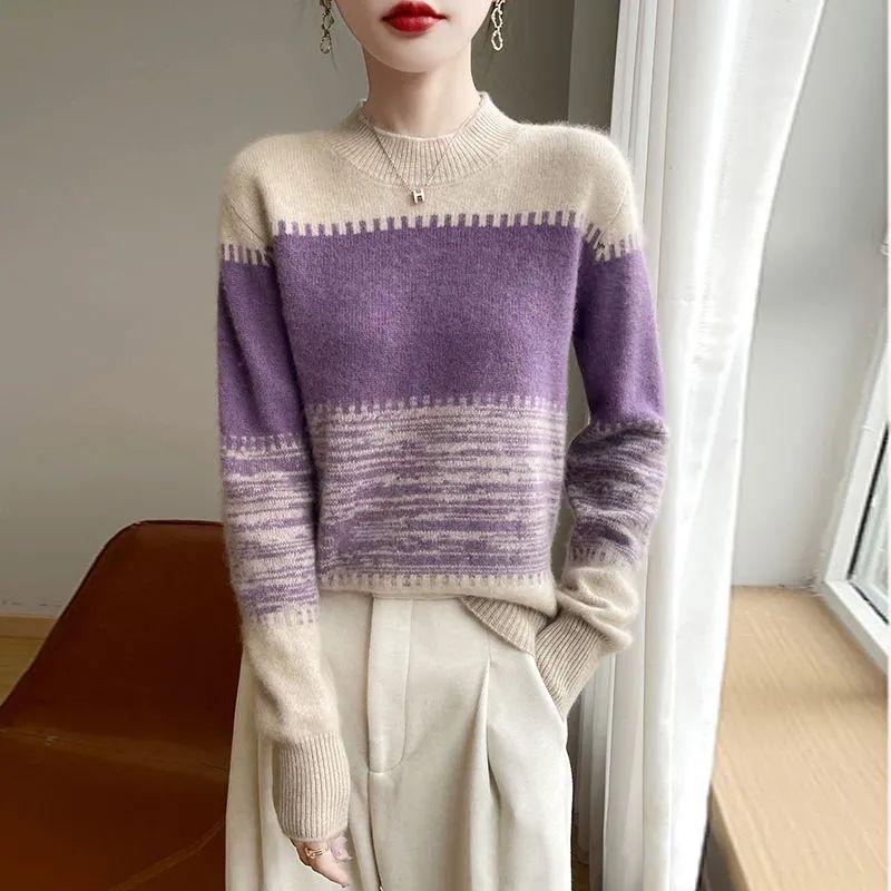 Half Turtleneck Sweater Women Loose Color-blocked Knitted Sweater for Women Long-sleeved Casual and Stylish Pullover for Autumn and Winter