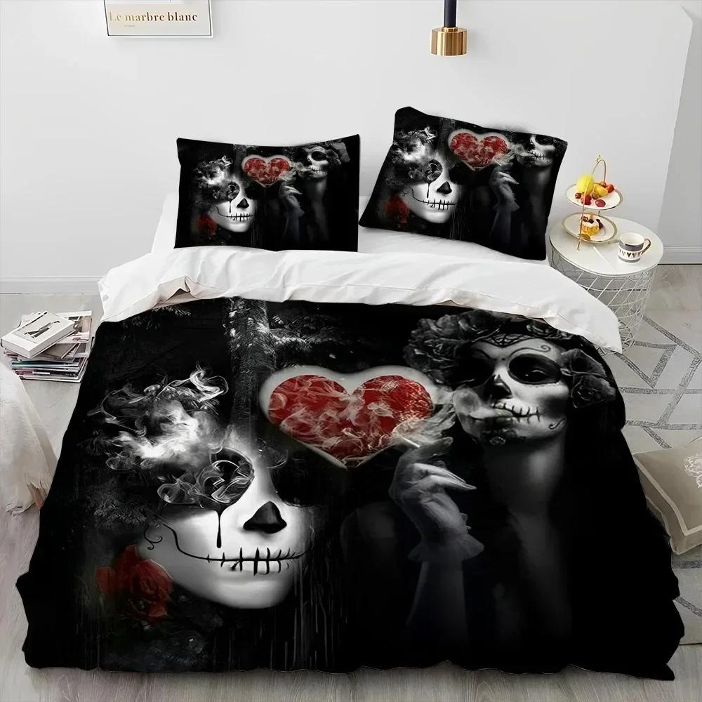 Hor Gothic Weiblich Totenkopf Totes Mädchen Bettwäsche Set 3D Gedruckt Geeignet für Schlafzimmer Weich mit Weichem Stoff Bettbezug Set Mit Kissenbezügen Heimtextilien
