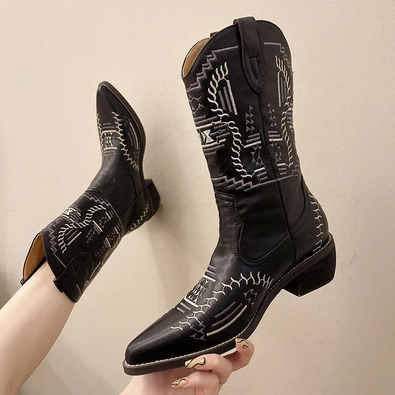 Women s Boots Retro Autumn Winter White Mid Calf Boots Women Comfy Walking Female Western Cowboy Boot Women s Shoes 35 4877₽