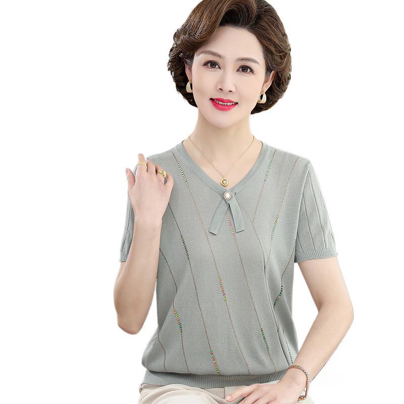 Mom's Summer Ice Silk Knit Top - Short Sleeve, Small Size for Women Aged 40-50