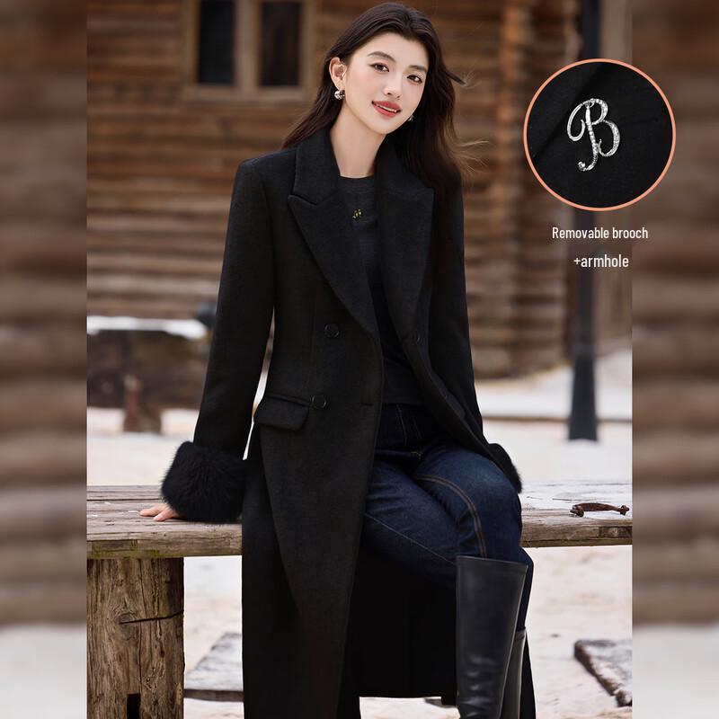 Bailuyu Women's Elegant Slim Fit Double-Breasted Long Wool Coat