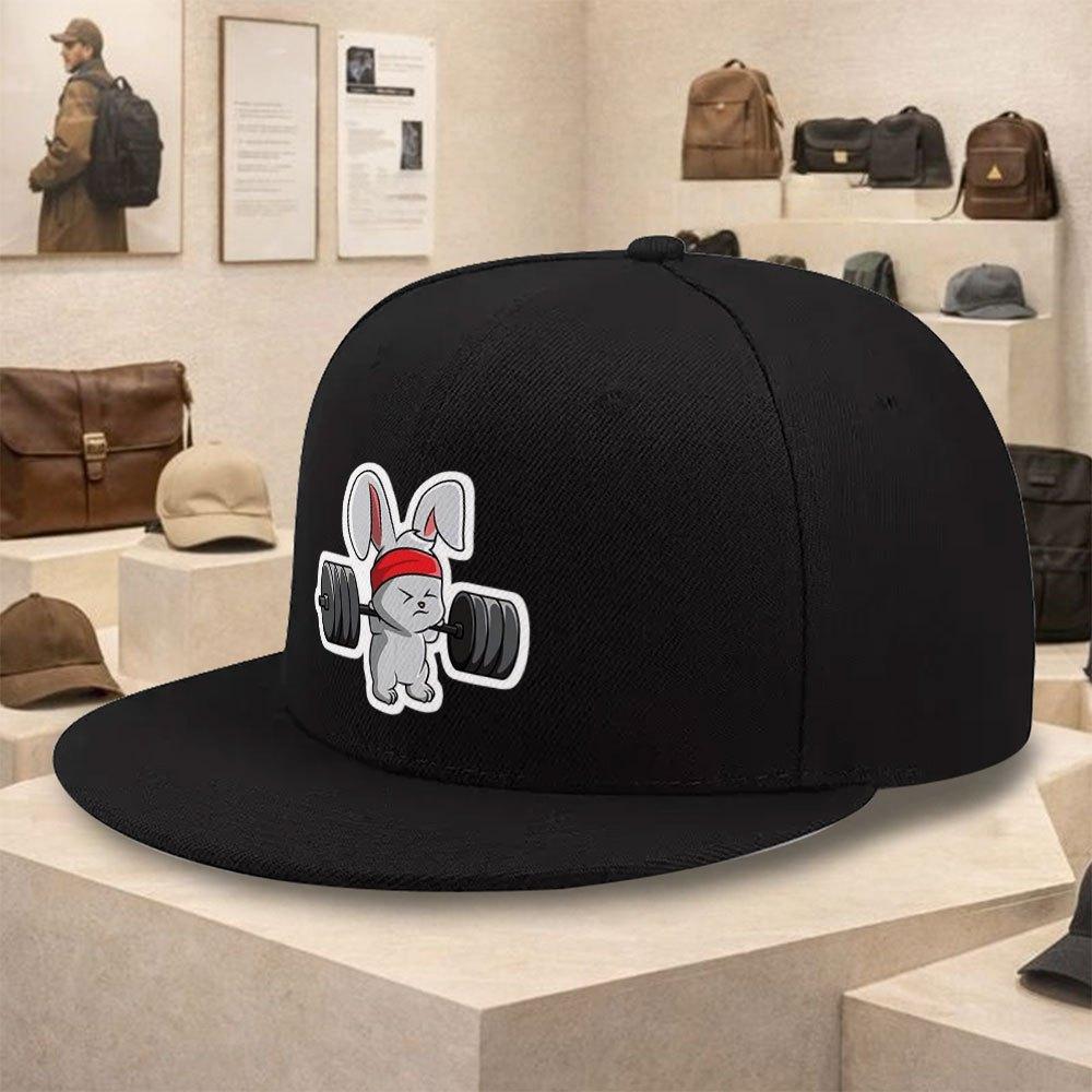 Weightlifting Rabbit Funny Graphic Print Flat Brim Baseball Cap Polyester Streetwear Snapback Hat Unisex