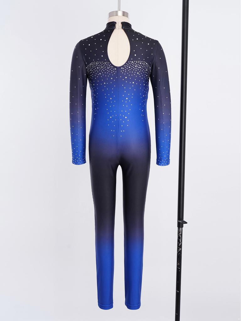 Kids Girls Asymmetrical Rhinestone Ballet Dance Leotard Sheer Mesh Gymnastics Jumpsuit Full Body Suit Figure Skating Dancewear