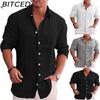 Men's Relaxed Fit Oversized Solid Colour Shirt Linen Collar Long-Sleeved Casual Shirt