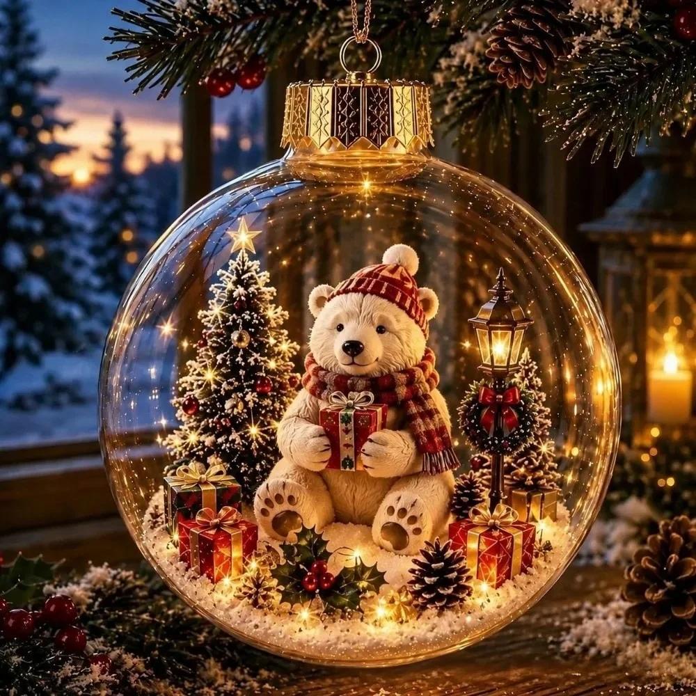 2pc Acrylic Material Christmas Ball Ornament Transparent Design with Light Santa Claus Pendant Hanging Christmas Decor