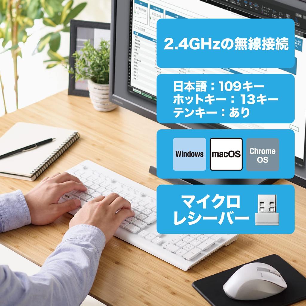 ELECOM Washable Wireless Keyboard, Waterproof, IPX5 Membrane, Full Size, with Numeric Keypad, White, TK-WS02DMKWH