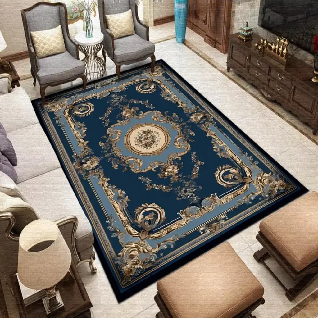 Old Style Living Room Carpet Boho Blue Non-slip Area Rugs Decor Bedroom Washable Hallway Floor Mats Elastic Bedside Mat Flannel