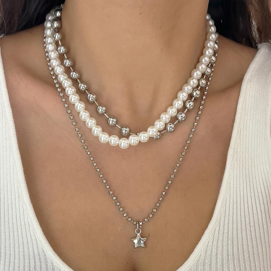 Punk Style Sweet Cool Multi-layer Beaded Stacked Necklace Simple Star Necklace Imitation Pearl
