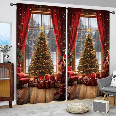2pcs Having Christmas Day Printed Curtain for Christmas Home Decor - Rod Pocket Window Treatment for Bedroom,Office,Kitchen