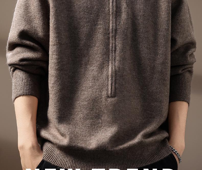 Premium American Style Men's Half-High Collar Knit Sweater - Warm, Anti-Pilling, Plus Size, Long Zipper.