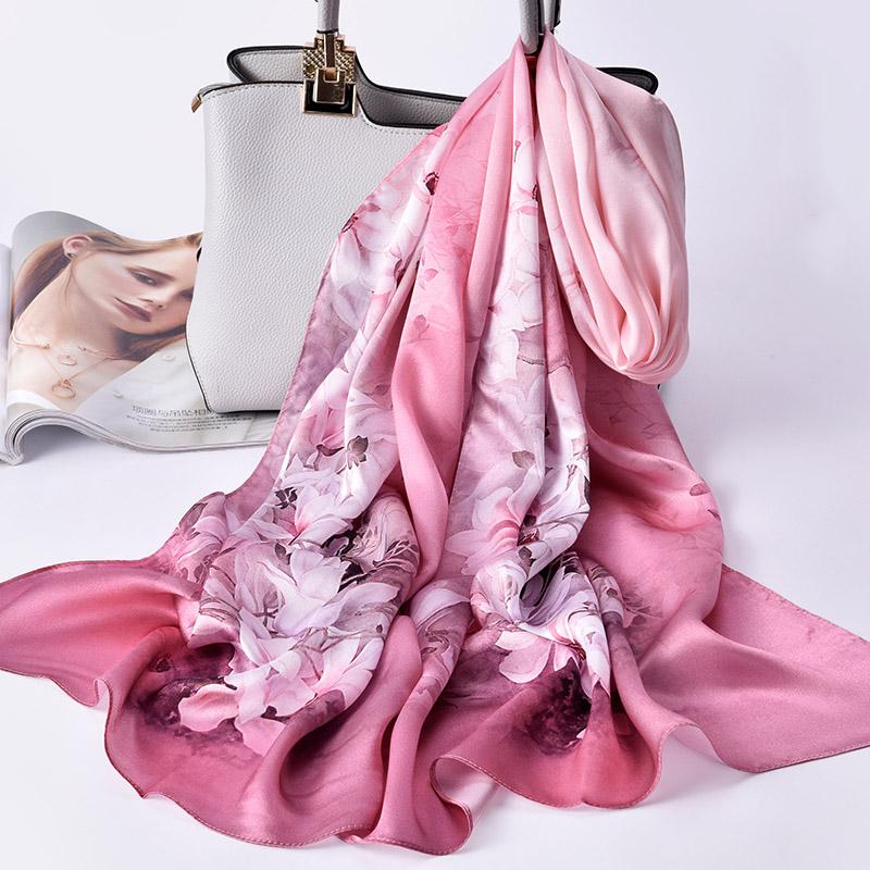 Women 100% Real Silk Long Scarf Luxury Flower Print Chinese Silk Headband Scarves  Natural Silk Shawls Wraps Foulard Femme