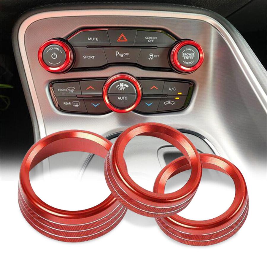 3pcs Red AC Radio Switch Trim Ring Knob Cover For Dodge Challenger/Charger 15-20