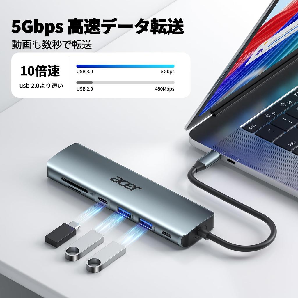 Acer USB C Hub 4K USB Hub PD100W Fast 5Gbps Data 2 Card Hub Compatible with MacBook iPhone Surface and Chromebook (7-in-1, HDMI) Type-C Charging,