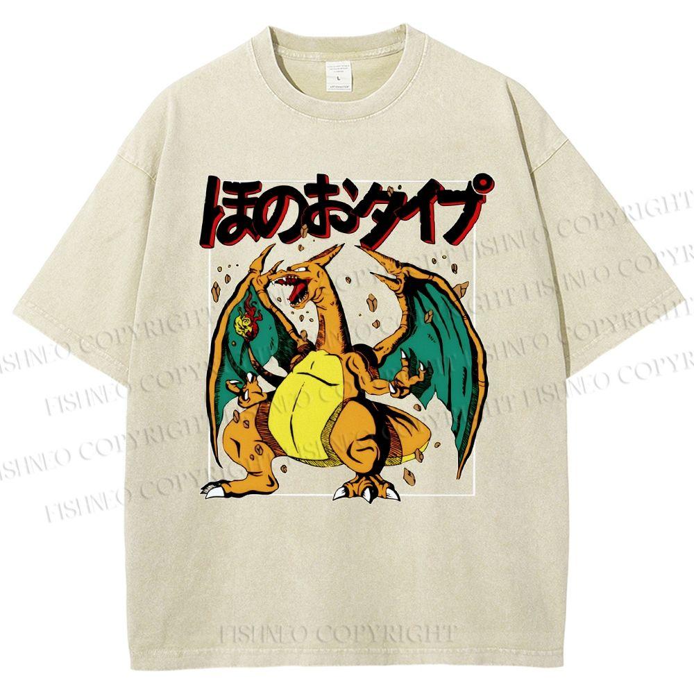 

2026 Summer Charizard Pokemon Anime Men s T-shirt Vintage Washed Women Short Sleeve Tee Streetwear Oversized Casual Tops Unisex L