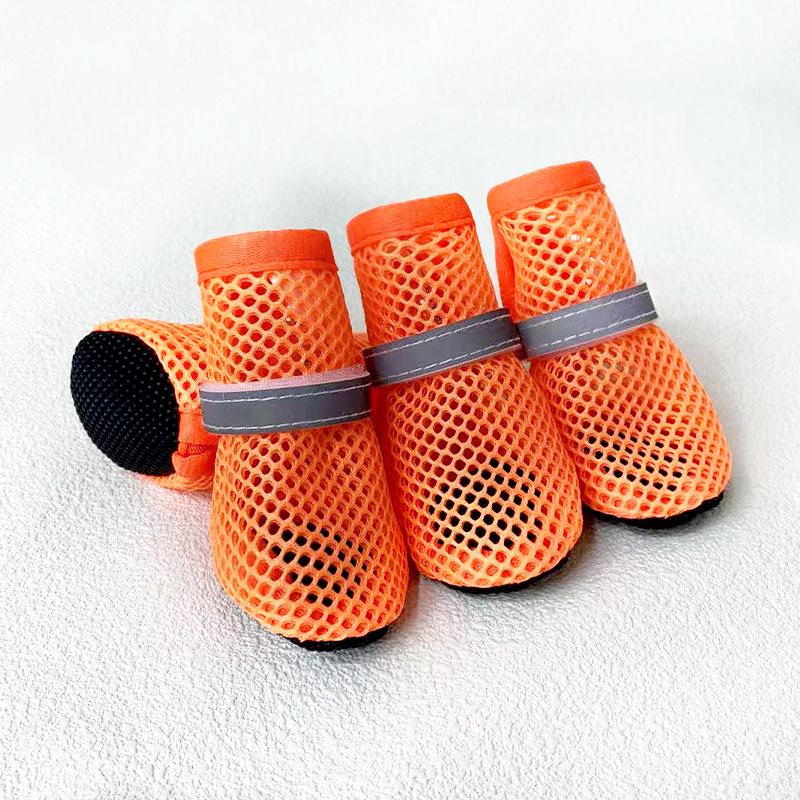 4Pcs Summer Cooling Dog Boots for Night Walks Breathable Mesh Dog Shoes with Reflective Straps & Soft Sole for Paw Protection