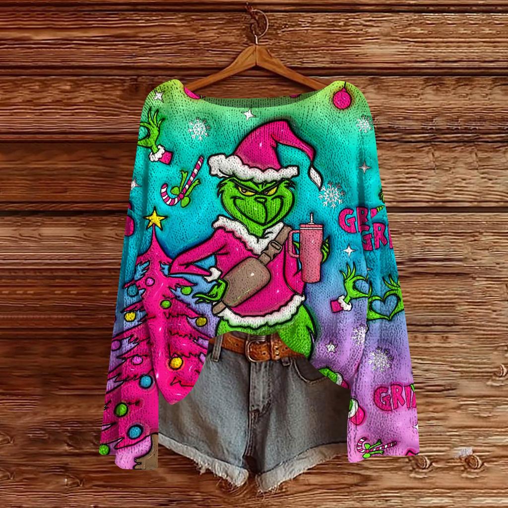 Dámský módní lehký svetr s vánočním potiskem, ležérní pletený pulovr s dlouhým rukávem