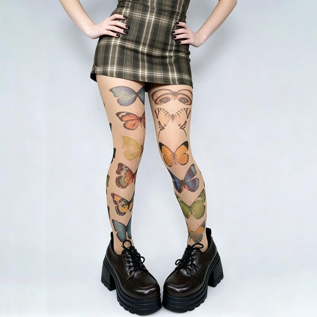 Y2k Butterfly Print Silk Stockings With Breathable Velvet For Girls Street Style Fashion