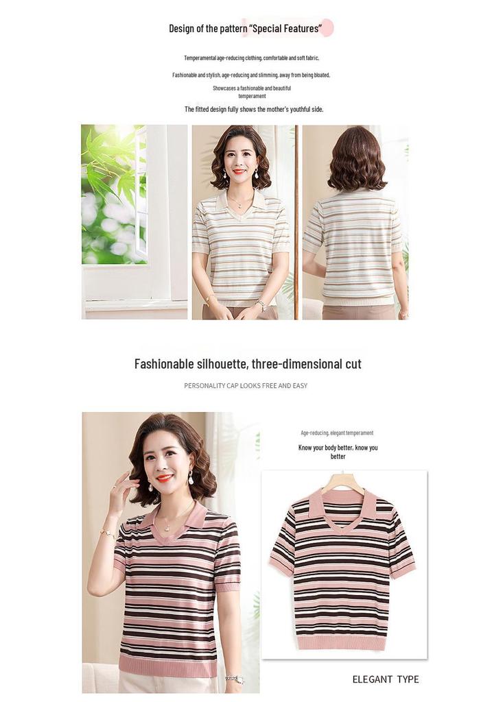 Stylish Striped Ice Silk Short Sleeve T-shirt for Middle-Aged Women