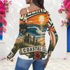 Women Plus Size Asymmetric Cutout Neck Cold Shoulder Fitted Long Sleeve Beach Printed Top