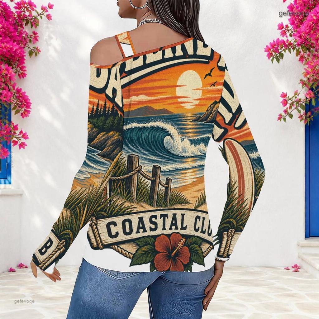 Women Plus Size Asymmetric Cutout Neck Cold Shoulder Fitted Long Sleeve Beach Printed Top