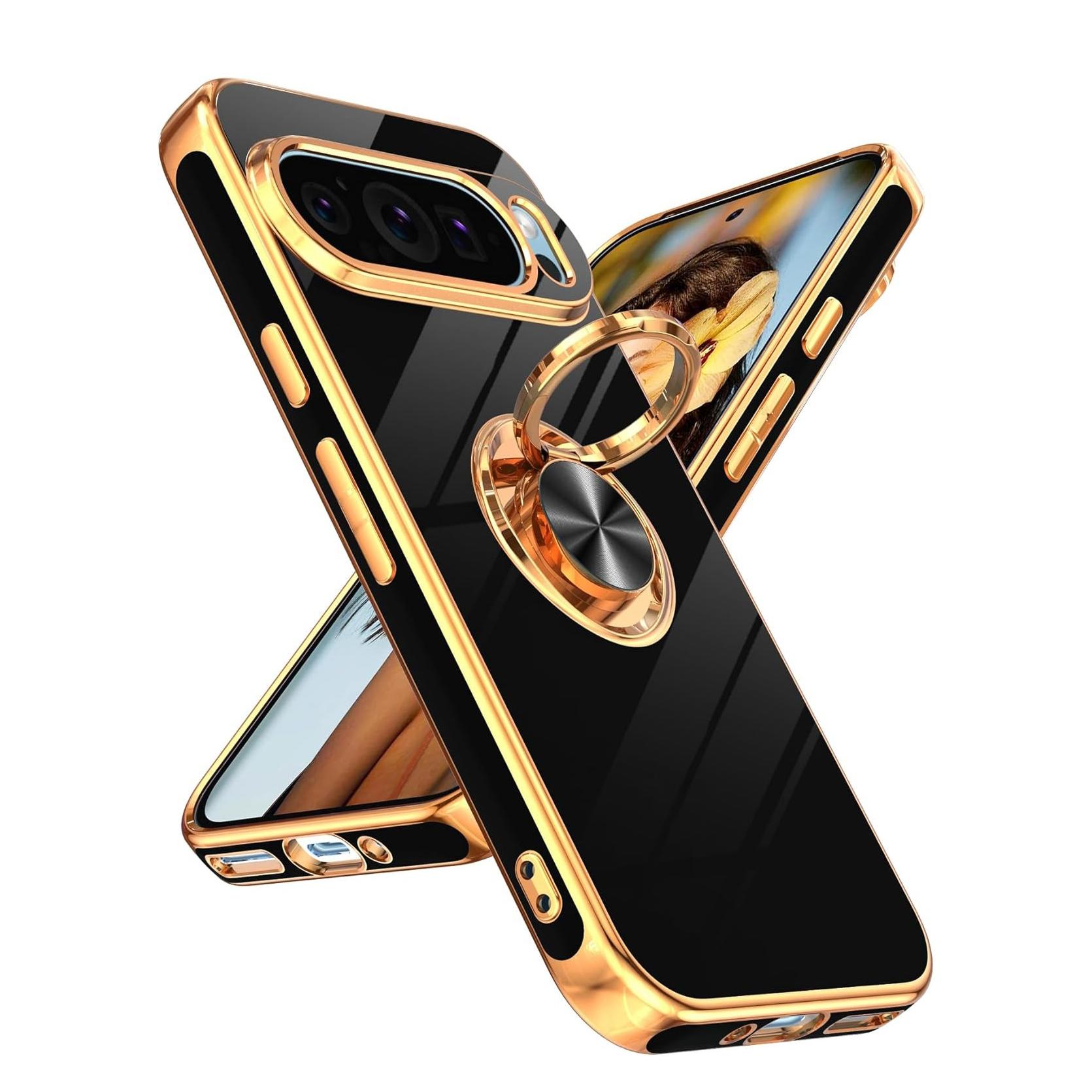 Luxus-Beschichteter Ringhalter-Case für Google Pixel 9 10 Pro XL 8A 7A 7 8 9 Pro Für Magnetischen Halter Silikon-Panzerhülle For Googl 9 Pro beige