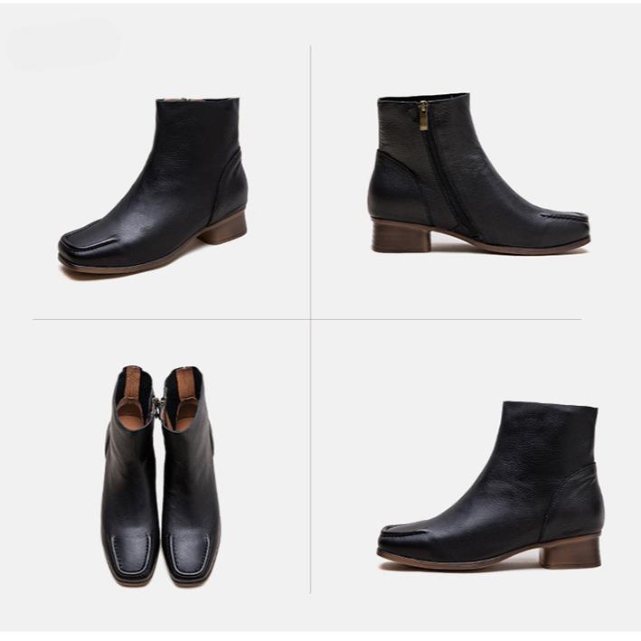 Johnature Square Toe Thick Heel Boots Versatile Genuine Leather Short Boots Commuting Women's Shoes