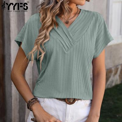 Chemisiers et chemises décontractés pour femmes, mode été printemps, couleur unie, imprimé, manches courtes, col en v