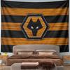 Black and orange horizontal stripes with a hexagon wolf emblem. Patterned tapestry for bedroom and living room home decor