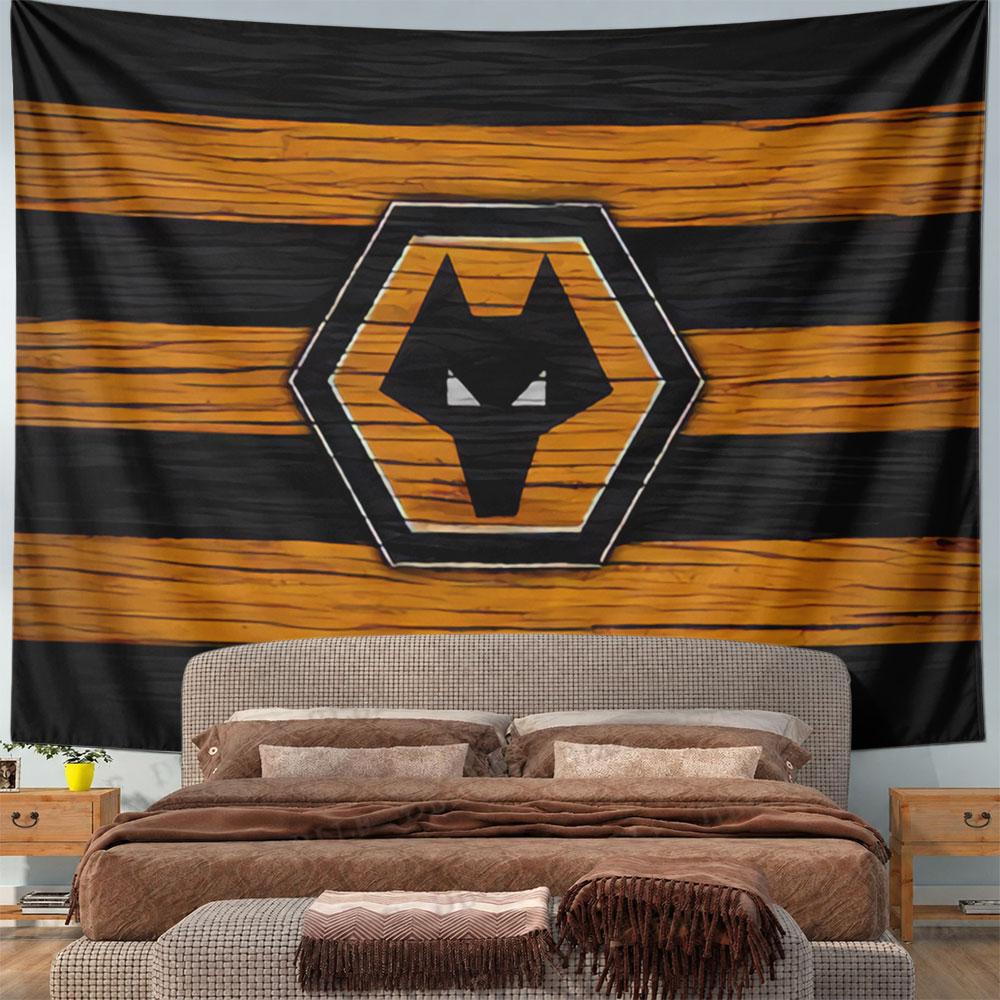 Black and orange horizontal stripes with a hexagon wolf emblem. Patterned tapestry for bedroom and living room home decor
