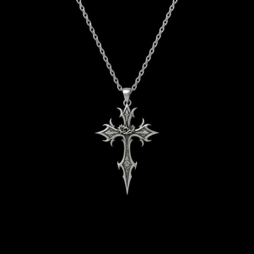 Personality Hip-Hop Thorn Rose Pattern Spiked Carved Cross Pendant Necklace for Women Gothic Comic Halloween Party Jewelry Gifts серебряный