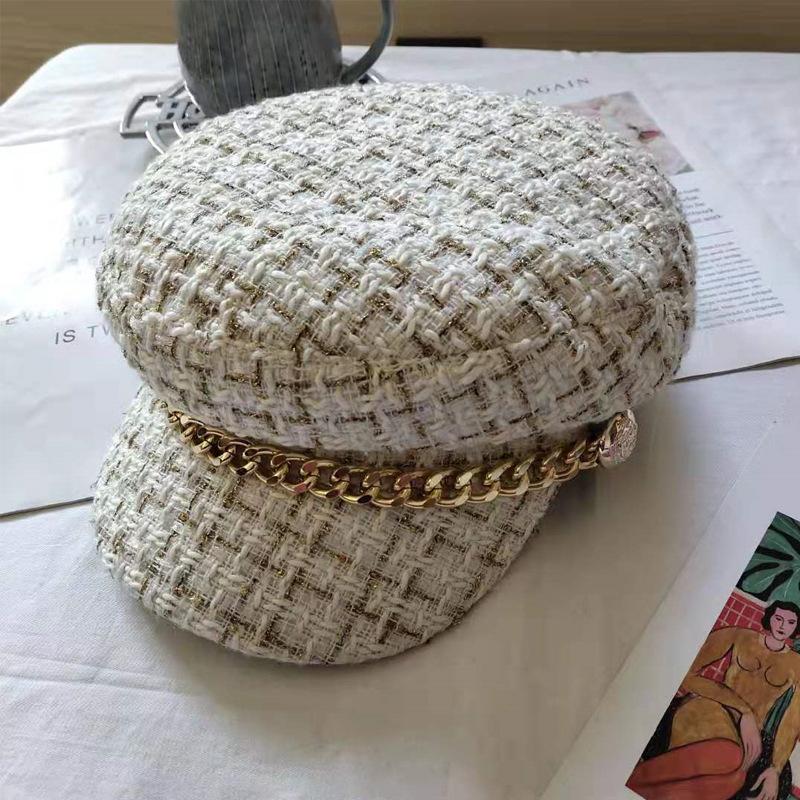 Small fragrant wind chain navy hat female autumn and winter tide flat top Internet celebrity beret British retro octagonal hat