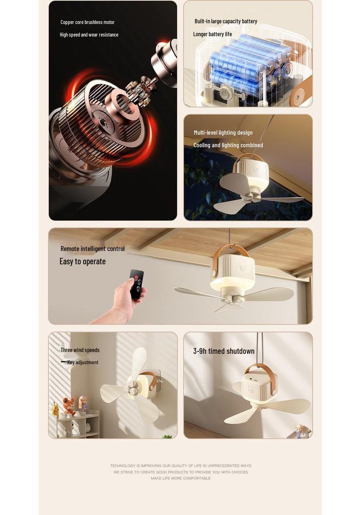 USB Rechargeable Portable Ceiling Fan Light for Dorms, Camping, and Home Use