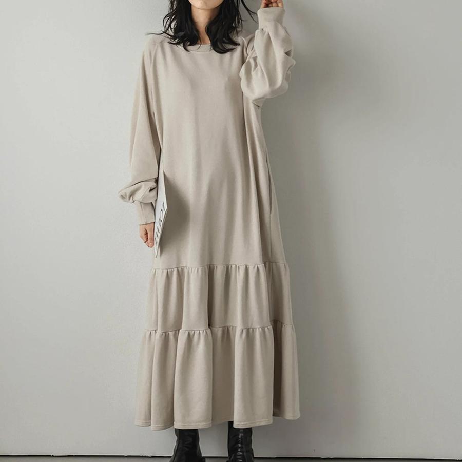 Autumn Women's Loose Mid-Length Patchwork Ruffled Hem Sweatshirt Dress Long Sleeve Knee-Length Dress
