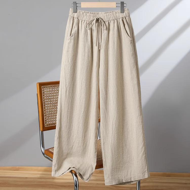 

Women s High-Waisted Cotton Linen Wide-Leg Pants - Spring/Summer/Fall, Plus Size, Nine-Point, Drawstring, Casual Japanese Style 4XL абрикосовый
